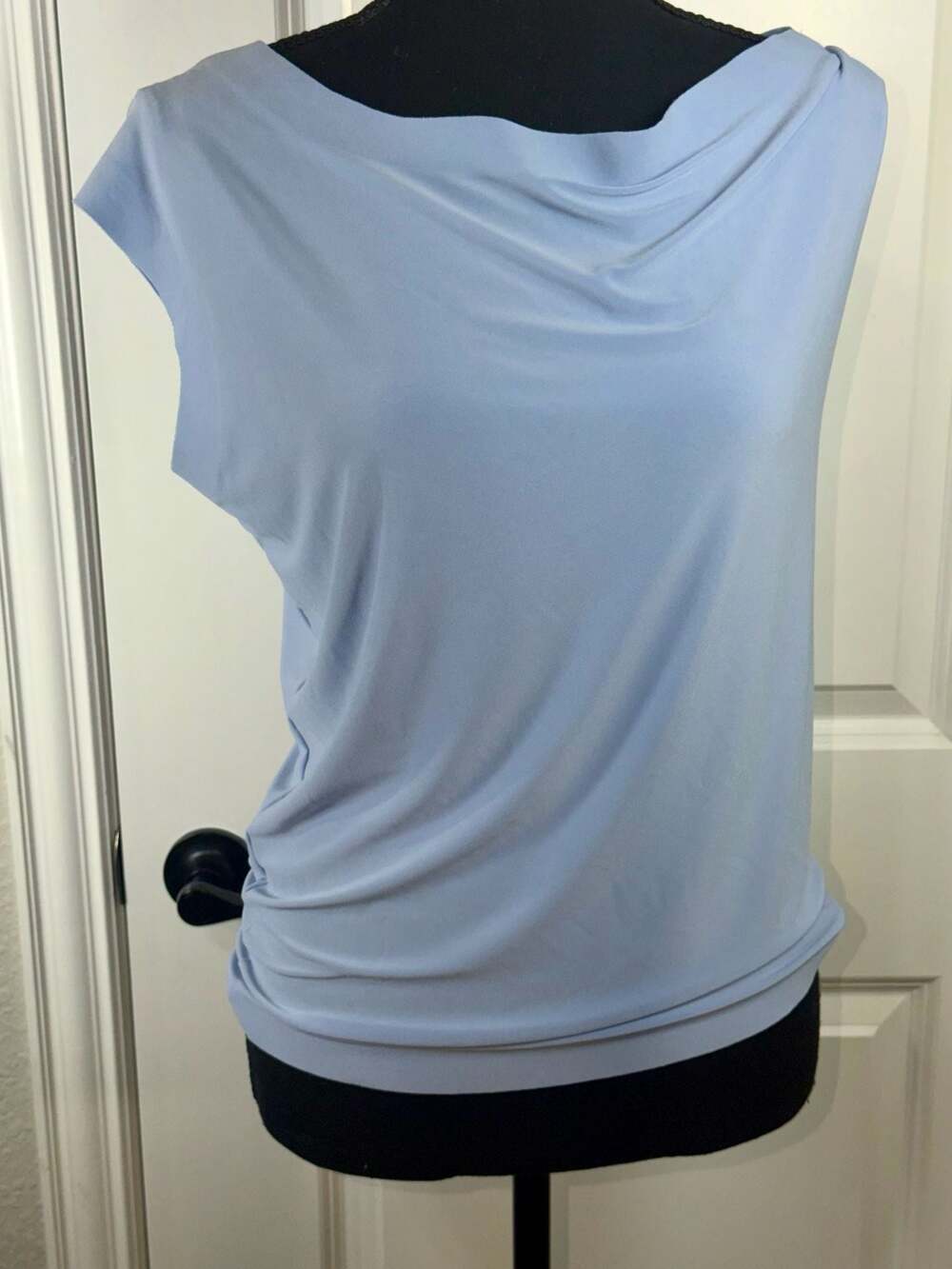 Norma Kamali Sky Blue Cowl Neck Asymmetric Sleeveless Top